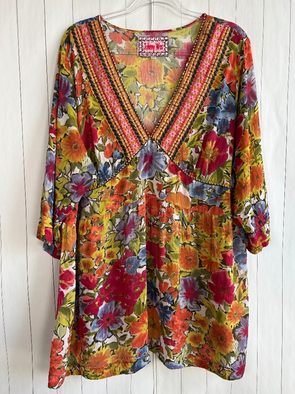 Johnny Was plus size 2X tunic top colorful floral embroidered boho v-neck rayon